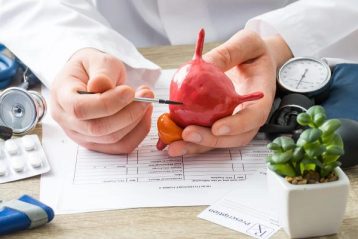 پزشک در حال توضیح روند سیستوسکوپی روی مدلی از مثانه