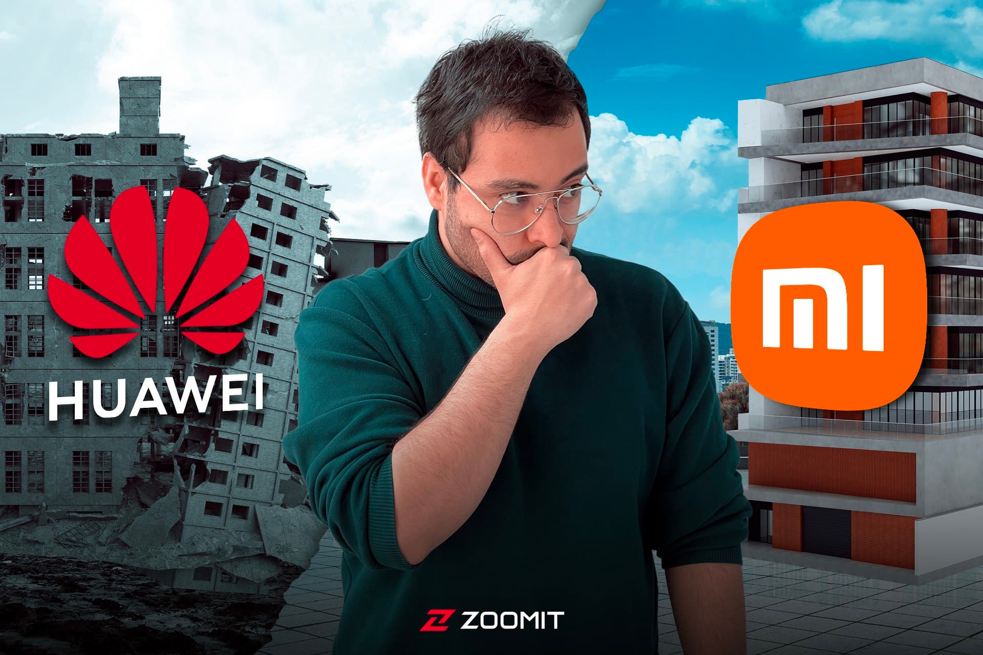 مرد جوان در کنار لوگو شیائومی و هواوی