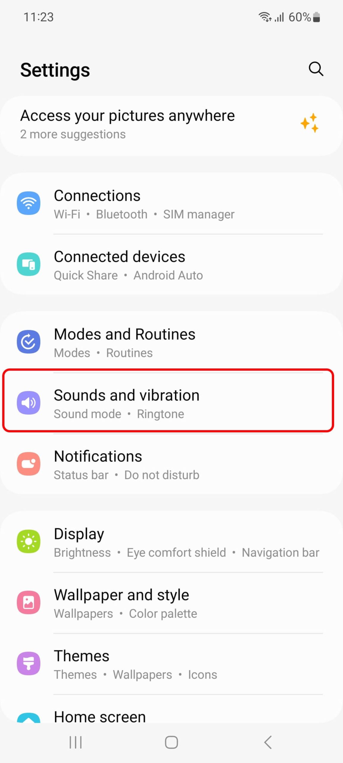 انتخاب Sounds and Vibration در گوشی سامسونگ