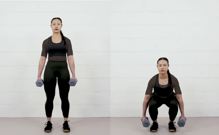 حرکات بدنسازی با دمبل؛ ۲۷ تمرین و انواع حرکات با دمبل_سمسون 79 ورزش با دمبل - اسکوات چمدان