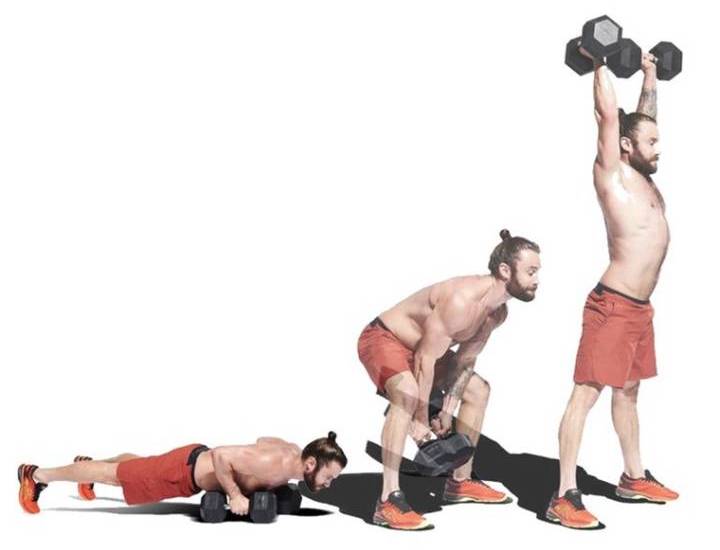 حرکات بدنسازی با دمبل؛ ۲۷ تمرین و انواع حرکات با دمبل_سمسون 80 حرکت Devil press، ورزش با دمبل