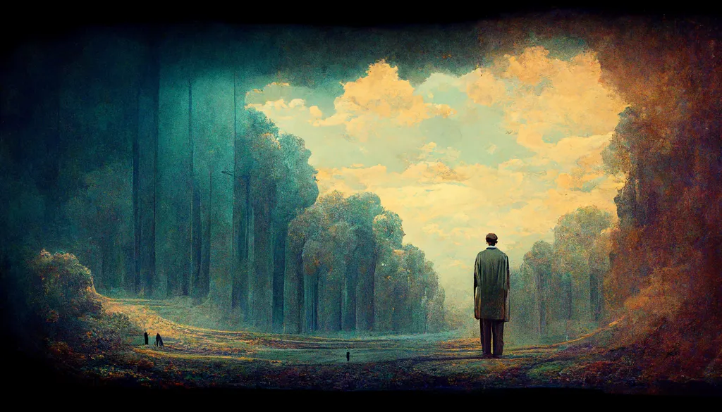 مقصد از خلقت انسان چیست؟_سمسون 22 مرد در نمای نقاشی درختان سبز پاییزی و آسمان